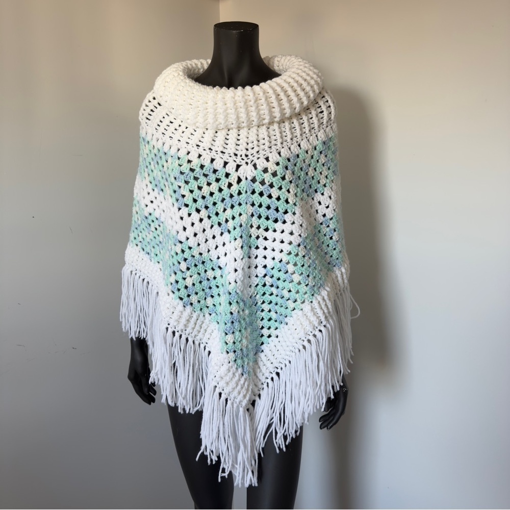 106. Handmade crochet poncho white blue granny square with fringe